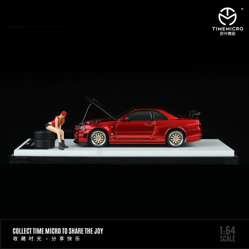 TIME MICRO 1/64 Nissan GTR R34 Red with Carbon Bonnet and Figurine - Image 2