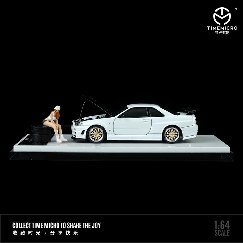 TIME MICRO 1/64 Nissan GTR R34 White with Carbon Bonnet and Figurine - Image 2