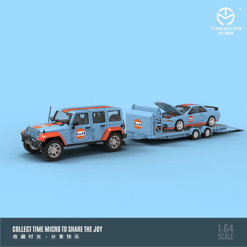 TIME MICRO 1/64 Nissan GT-R R32 with Trailer and Jeep Set Gulf - Image 4
