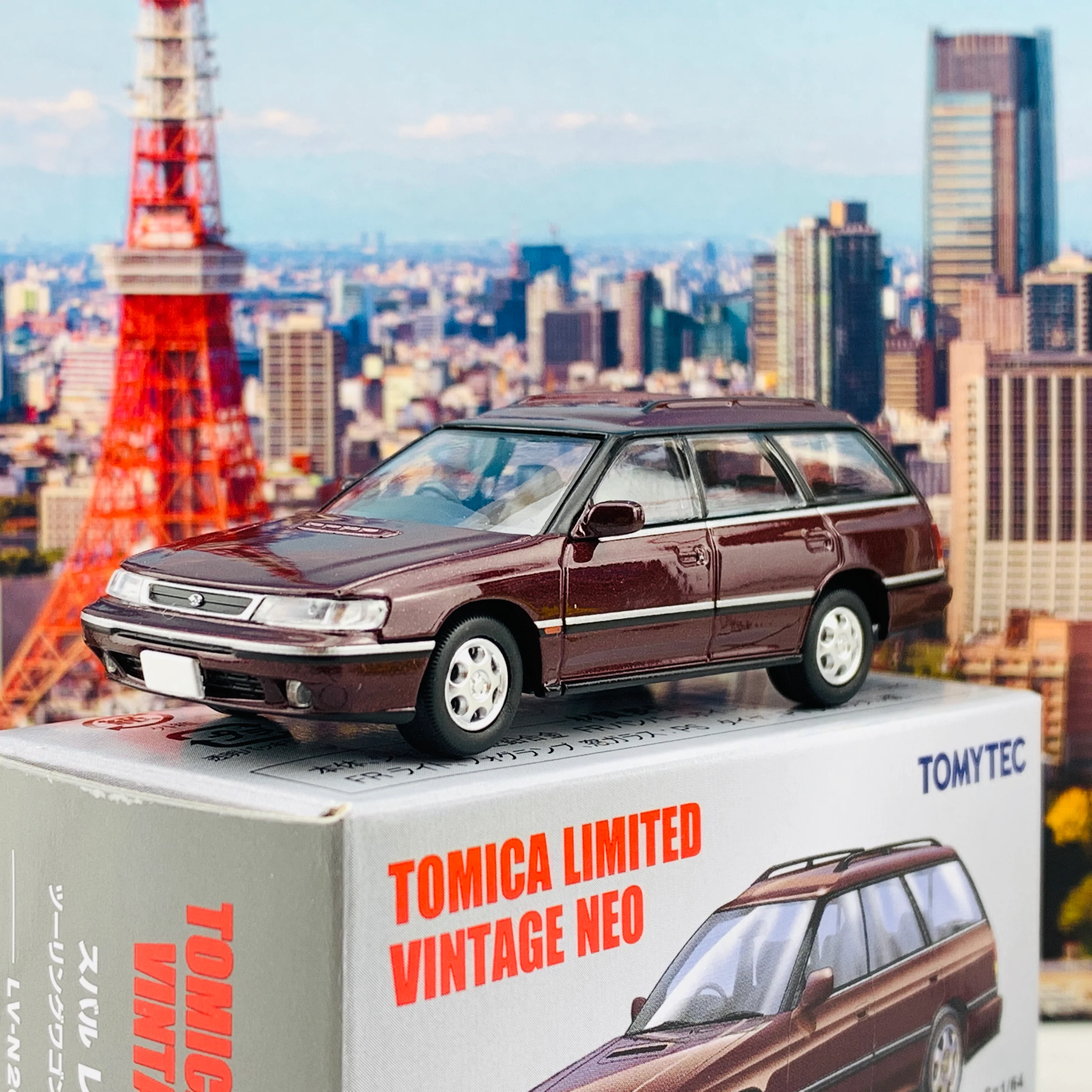 Tomytec Tomica Limited Vintage Neo 1/64 Subaru Legacy Touring Wagon GT Dark Red LV-N201a - Image 2