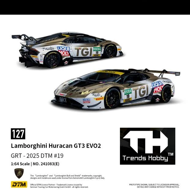 PREORDER Trends Hobby 1/64 Lamborghini Huracan GT3 EVO2 GRT - DTM 2025 #19 241083(E) (Approx. Release Date: Q3 2026 and subject to the manufacturer's final decision)