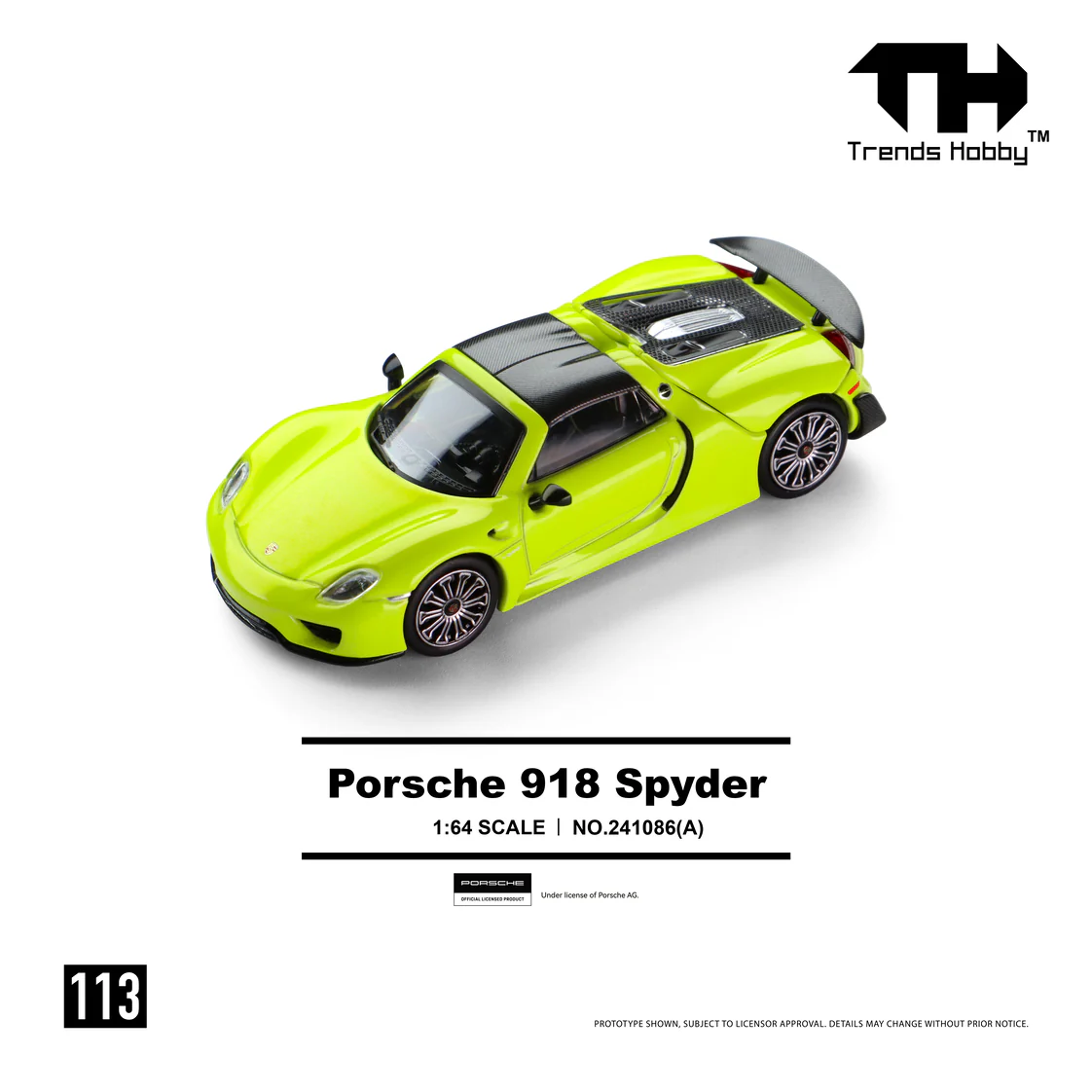 PREORDER Trends Hobby 1/64 Porsche 918 Spyder - Acid Yellow 241086(A) (Approx. Release Date: Q3 2026 and subject to the manufacturer's final decision) - Image 2