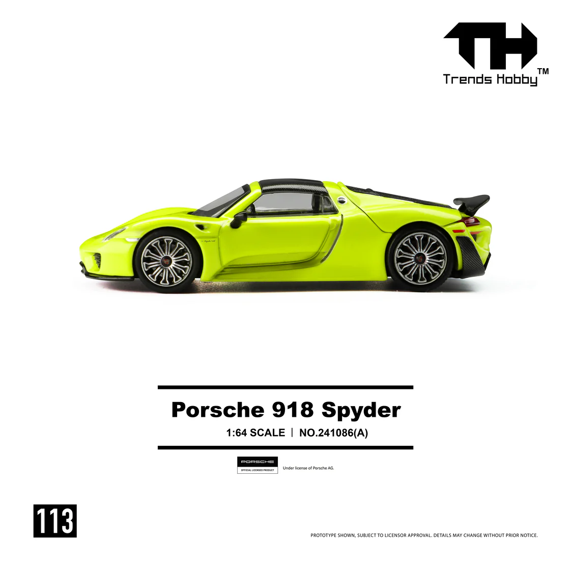PREORDER Trends Hobby 1/64 Porsche 918 Spyder - Acid Yellow 241086(A) (Approx. Release Date: Q3 2026 and subject to the manufacturer's final decision) - Image 3