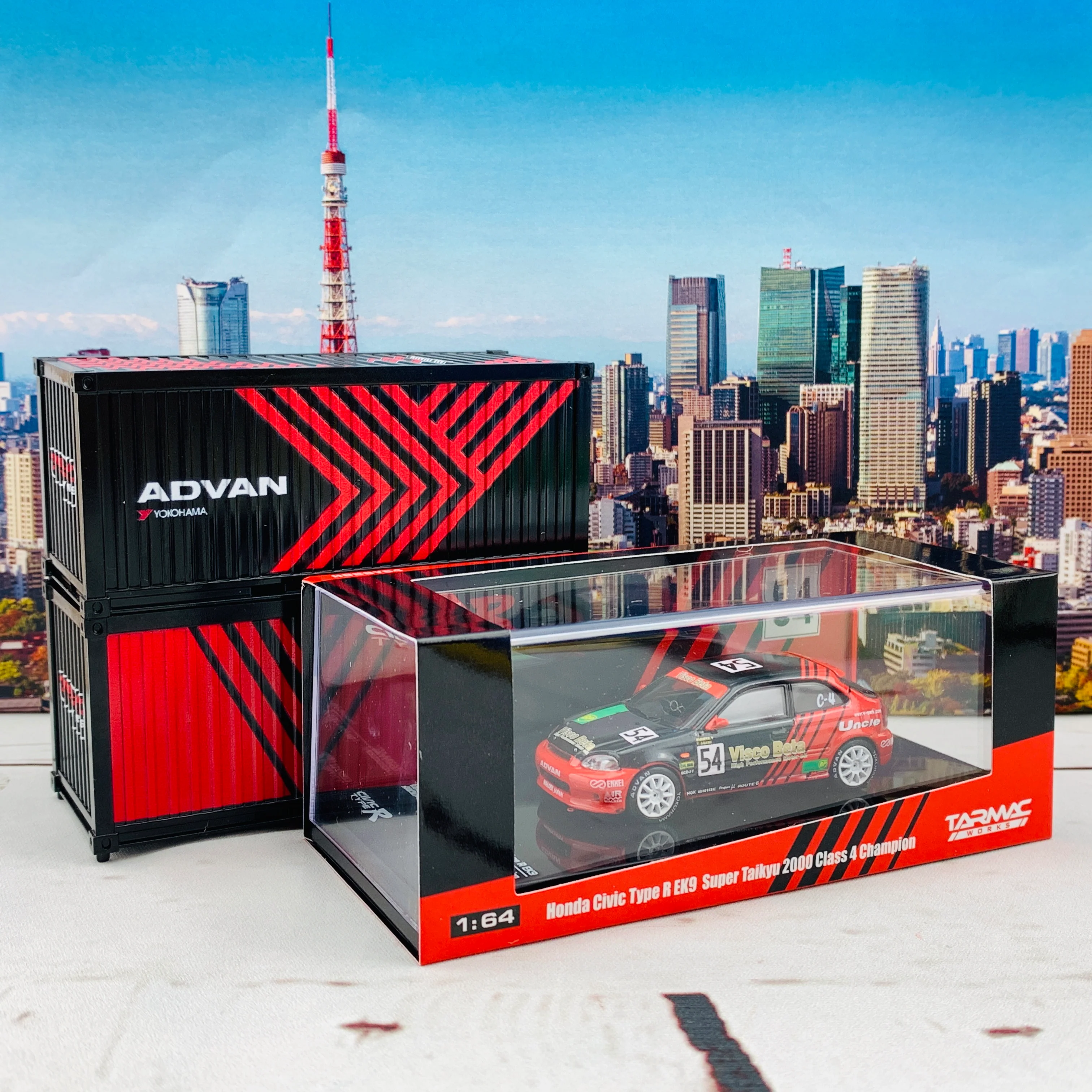 Tokyo Station Exclusive Package - Tarmac Works 1/64 Honda Civic Type R EK9 Super Taikyu 2000 Class 4 Champion #54 T64-010-ADV and Tarmac Works 1/64 Containers Set - ADVAN T64C-001-ADV - Image 2